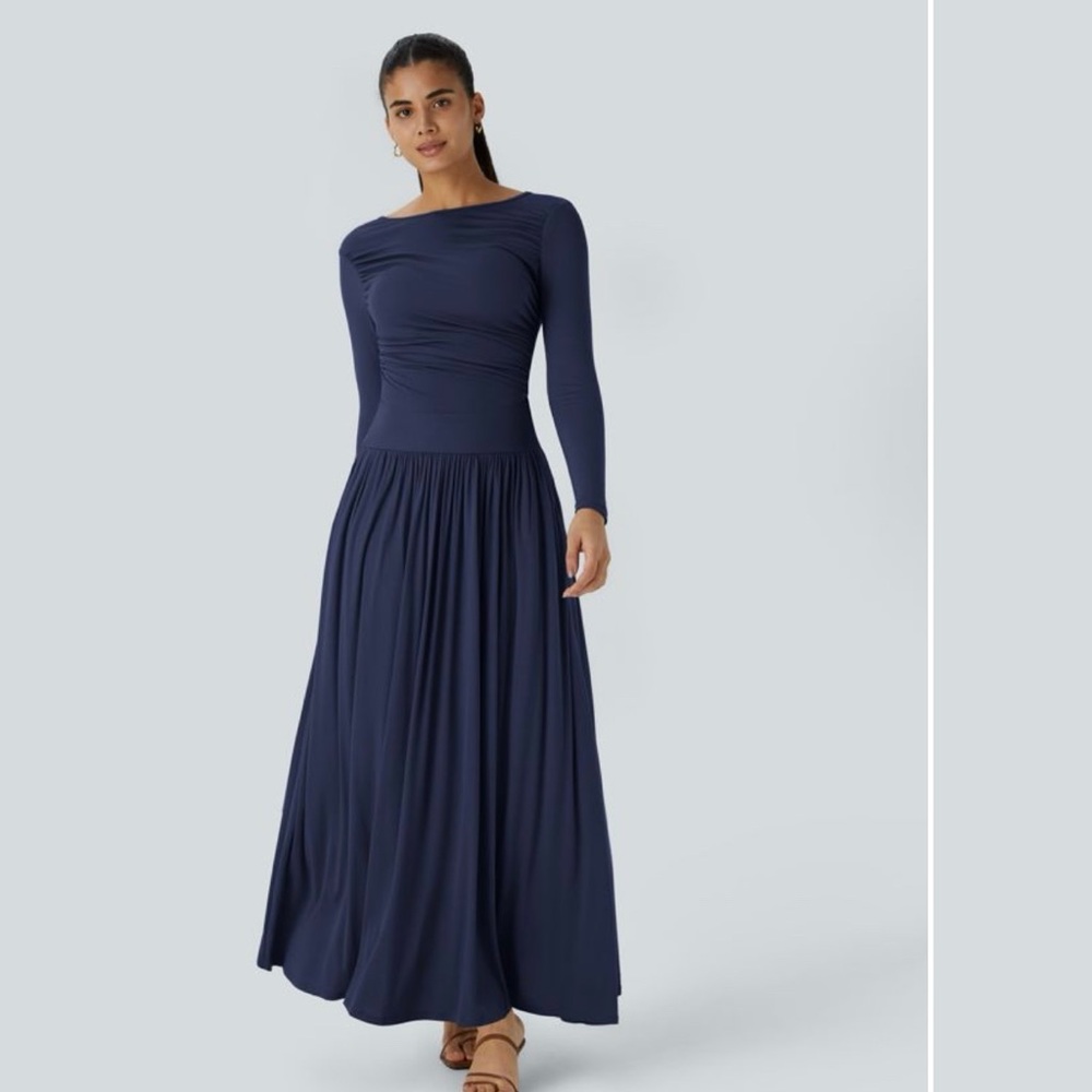Elegant Navy Long Sleeve Maxi Dress